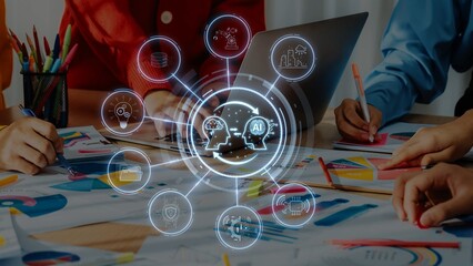 This image showcases a vibrant office scene featuring teamwork and collaboration, enhanced by...