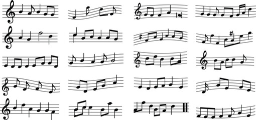 Musical notes and symbols arranged on a staff, showcasing various melodies and harmonies in a musical composition viewed from directly above.