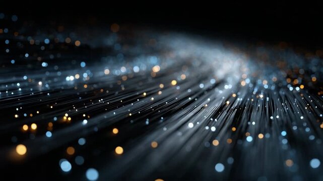 Abstract 3D Animation of Blue Geometric Pixels and Overlapping Digital Cubes with Motion Blur and Bokeh on Dark Background