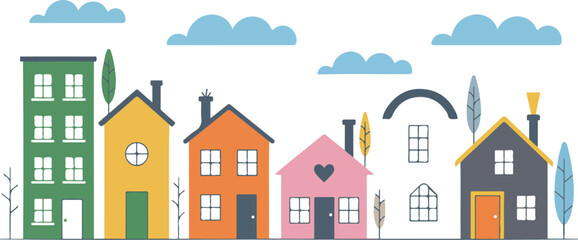 Neighborhood Houses Outline Icon Set Urban Homes, Trees, and Community Living