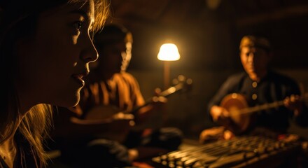 Golden Hour Enchantment: A Woman's Profile Silhouetted Against a Blurred Ensemble of Traditional Musicians