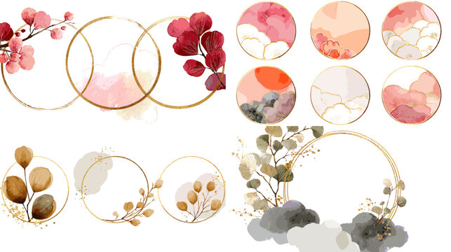 Watercolor abstract circle frames set with gold rings, soft stains, and botanical branches. Elegant modern background collection for wedding invitations, branding, and posters.