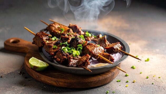 Hot and smoky Nigerian Ramadan food featuring spicy beef suya skewers served with vegetables for a delicious iftar meal