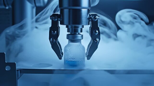 Robotic Arm Placing Frosted Vaccine Vial into Cryogenic Freezer Storage. Concept - Modern Medical Technologies
