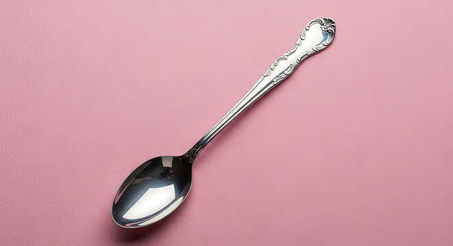 polished silver spoon with elegant handle design lies diagonally on vibrant pink background clean kitchen utensil for culinary and minimalist themes.