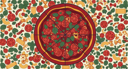 Obraz premium vibrant italian food flat lay showcasing a delicious pizza diverse pasta shapes fresh tomatoes and basil ideal for culinary menus.
