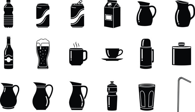 A comprehensive collection of black silhouette icons representing various beverage containers and drinkware