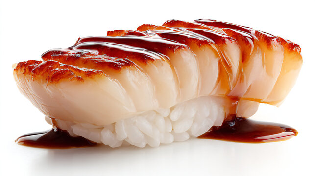 Hotate nigiri sushi drizzled with savory sauce, plated on rice with glossy finish and studio isolation.