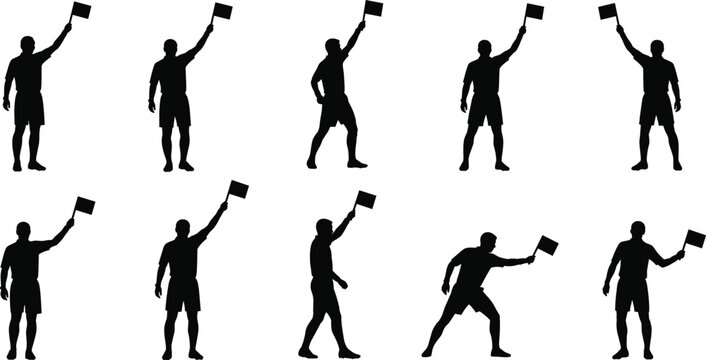 Soccer Referee Red Card Silhouette Icon Set with Football Officials Signaling Penalties, Fouls, and Match Decisions