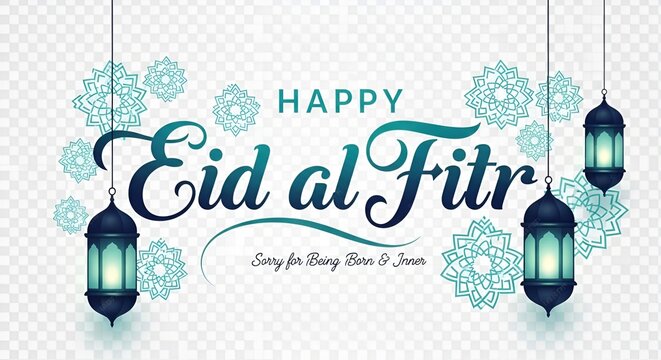 Happy Eid al-Fitr Greeting Banner with Lanterns and Islamic Ornament	