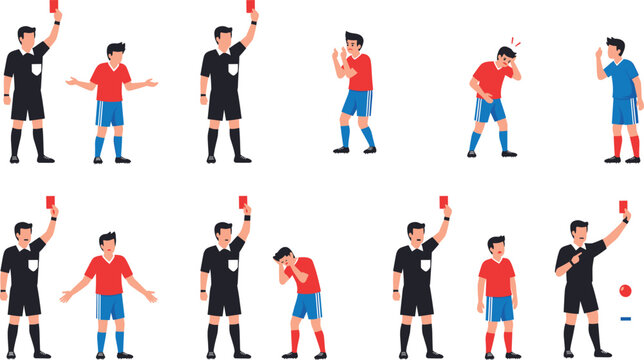 Soccer Referee Red Card Scene Icon Set with Football Official Penalizing Player for Fouls and Rule Violations in Match Situations