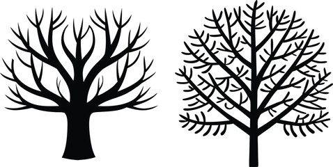 Obraz premium Black silhouettes of two leafless trees on white background