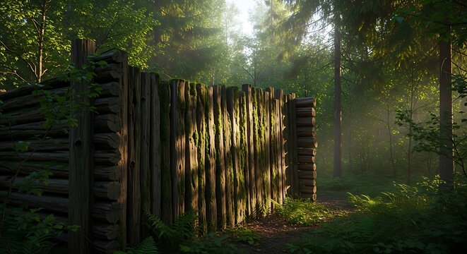 Enigmatic log stockade structure bathed in sunlight within lush forest