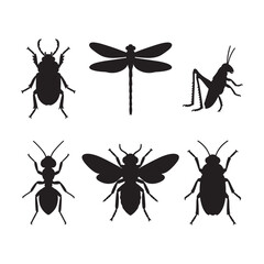 Insect Silhouette Vector Set Beetles, Dragonflies, Bees, Ants, and Grasshoppers