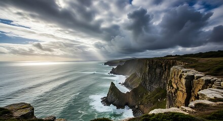 Dramatic coastal cliffs meeting the vast ocean under a stormy, sunlit sky