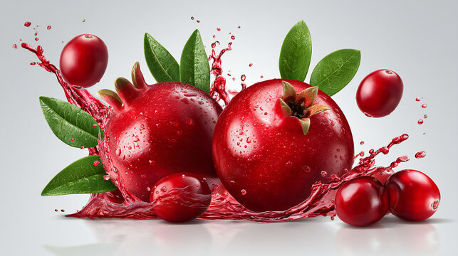 Cranberries and pomegranate fruits with green leaves and juice splash, vivid red tones, studio lighting, showcasing antioxidant-rich superfoods and healthy nutrition concept.