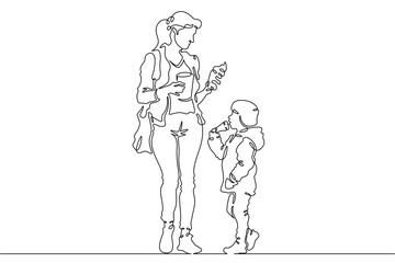 Obraz premium Continuous single line drawing family eats on the street. People eat fast food. Weekend.Parents.Offspring.Linear.One continuous line isolated minimalist illustration. Not AI.