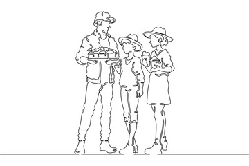 Obraz premium Continuous single line drawing family eats on the street. People eat fast food. Weekend.Parents.Offspring.Linear.One continuous line isolated minimalist illustration. Not AI.