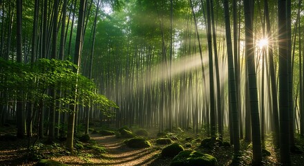 Majestic sunlit forest path with ethereal rays piercing through the vibrant green canopy