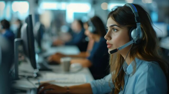 Woman wearing a headset is working at a computer. She is smiling and she is enjoying her work