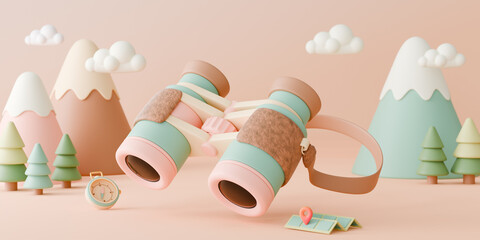 Explore nature with this cute 3D binoculars illustration featuring pastel mountains, pine trees, clouds, a compass, and a map icon, perfect for travel and adventure concepts.