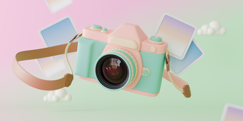 Capture memories with this cute 3D pastel camera illustration featuring floating photos, soft clouds, and a dreamy pink-green gradient background, perfect for photography themes.