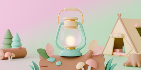 Brighten your adventure with this 3D camping lantern illustration on a wooden log, featuring a cozy tent and forest background in a soft pastel style, perfect for outdoor concepts.