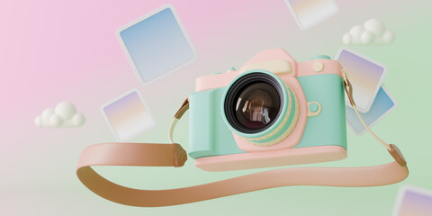 Capture memories with this cute 3D pastel camera illustration featuring floating photos, soft clouds, and a dreamy pink-green gradient background, perfect for photography themes.