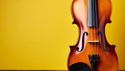 Fototapeta premium Classic Wooden Violin Body Against a Bright Yellow Background