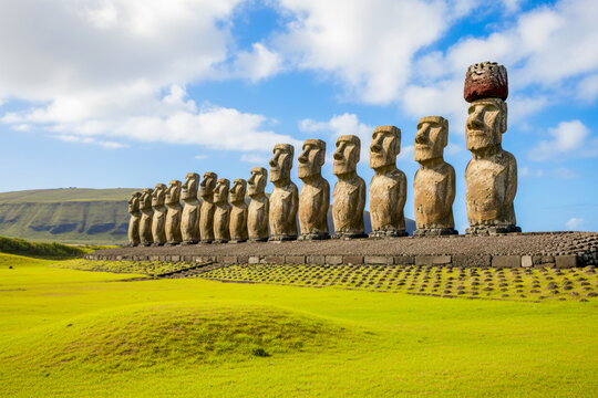 Moai Statues at Ahu Tongariki on Easter Island with Green Landscape and Blue Sky