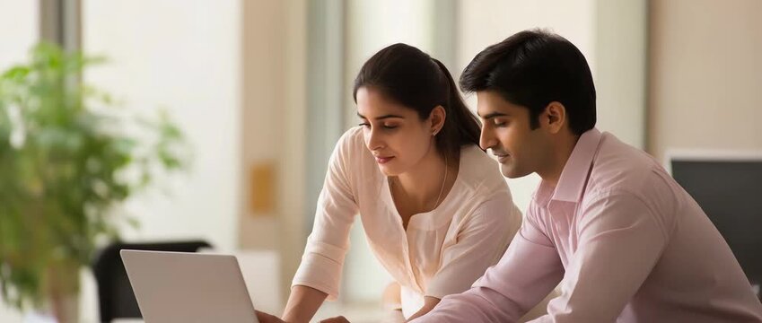 Indian male working with female colleague typing on laptop doing business in office	