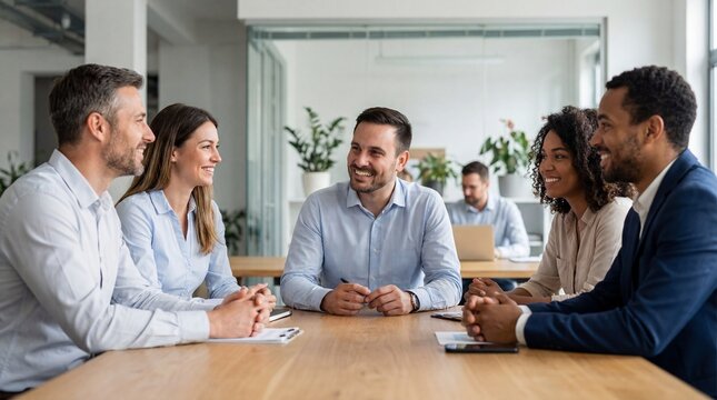 Workplace Synergy: A group of professionals sits around a table, engaged in a vibrant discussion during a collaborative meeting, showcasing teamwork and effective communication.