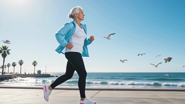 Elderly slender woman runs along embankment near sea. Seagulls fly over sea waters against background of sporty retired runner.