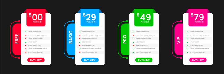 Obraz premium Professional four Tier Subscription website price Pricing Table with free, Basic Standard and Premium Plans. UI UX app pricing chart table or Product Plan Offer Price Package Subscription Option.