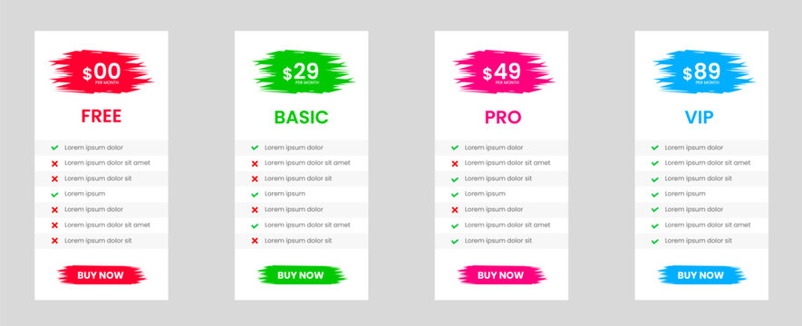 Professional four Tier Subscription website price Pricing brush stroke Table with free, Basic Standard and Premium Plans. UI UX app pricing chart table or Product Plan Offer Price Package Subscription