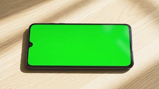 Smartphone with Green Screen Mockup on Wooden Desk in Natural Sunlight, Top Down Horizontal View of Mobile Phone Display with Chroma Key for App Design and Video Placement.