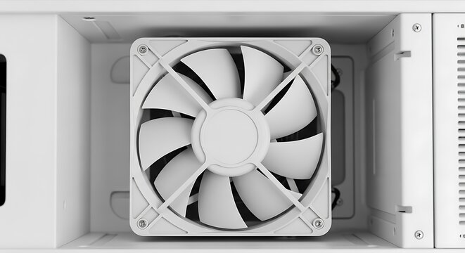 Close-up of a white computer fan inside a PC case, highlighting its blades and clean design for cooling and performance