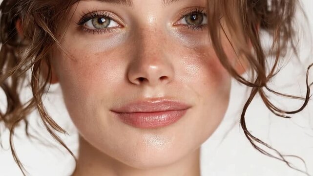 Radiant Beauty: A close-up shot of a young woman's face, her captivating eyes, radiant skin, and natural beauty showcased in a moment of pure and effortless elegance.