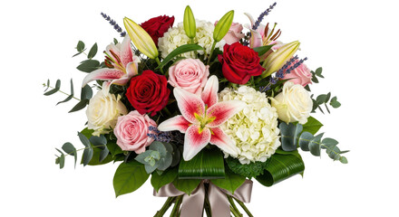 Vibrant floral bouquet with red roses, pink lilies, white hydrangeas, and eucalyptus leaves, tied with a ribbon, isolated PNG with Transparent Background