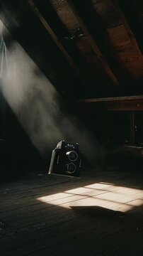 Dusty attic with light rays illuminating an old twin-lens reflex camera