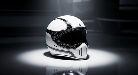 Fototapeta premium Sleek White Motorcycle Helmet Illuminated in a Dark Studio Setting.