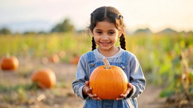 Happy little girl holding a pumpkin in a sunny autumn pumpkin patch