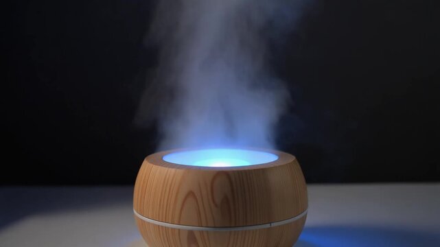 Humidifier with Wood-Grain Finish and Blue Illumination &mdash; A humidifier finished in wood grain is placed on a surface, releasing visible vapor from its top. It features a gentle blue glow surrounding i