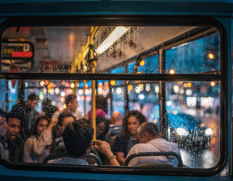 Bus window is streaked with raindrops, obscuring the view of chatty passengers inside. Outside, the city's night comes alive with colorful lights, creating a warm and bustling atmosphere as rain gentl