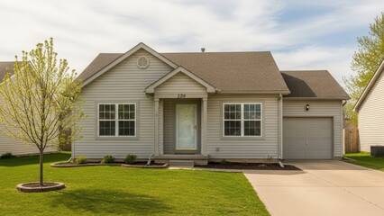 Beautiful single story house with garage and green lawn