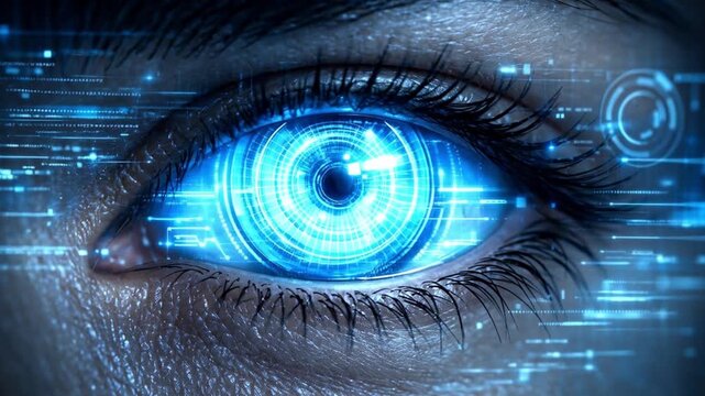 Close-up of a human eye with futuristic blue digital interface