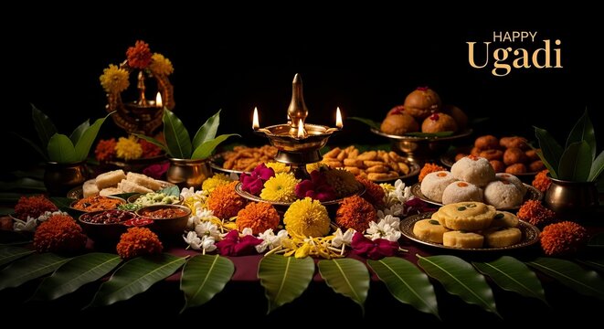Grand ugadi festival feast with array of traditional dishes, sweets, and vibrant flowers