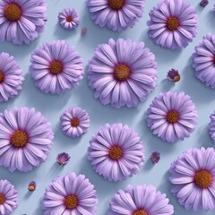 Repeating pattern of lavender-petaled flowers, orange centers, on a pale blue surface