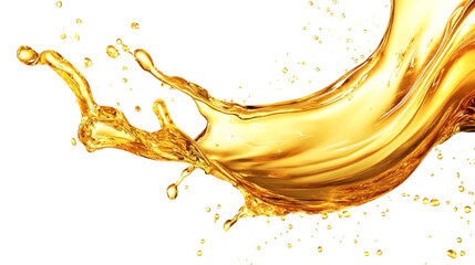 Golden liquid splashing swirling and dropping against a white background conveying a sense of dynamic movement and energy