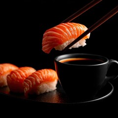 Sushi being dipped into soy sauce with chopsticks, next to a black coffee cup